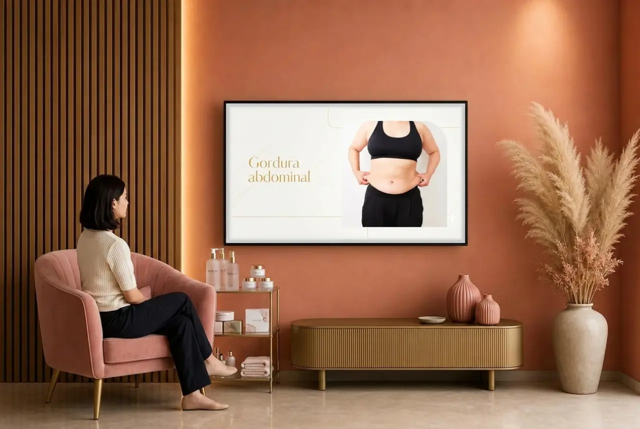 TV horizontal na sala de espera de estética mostrando conteúdo de gordura abdominal